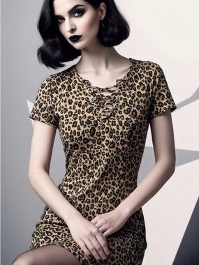 No Boundaries Leopard Print Mini Dress XL Y2K Stretch Lace-Up V-Neck Casual